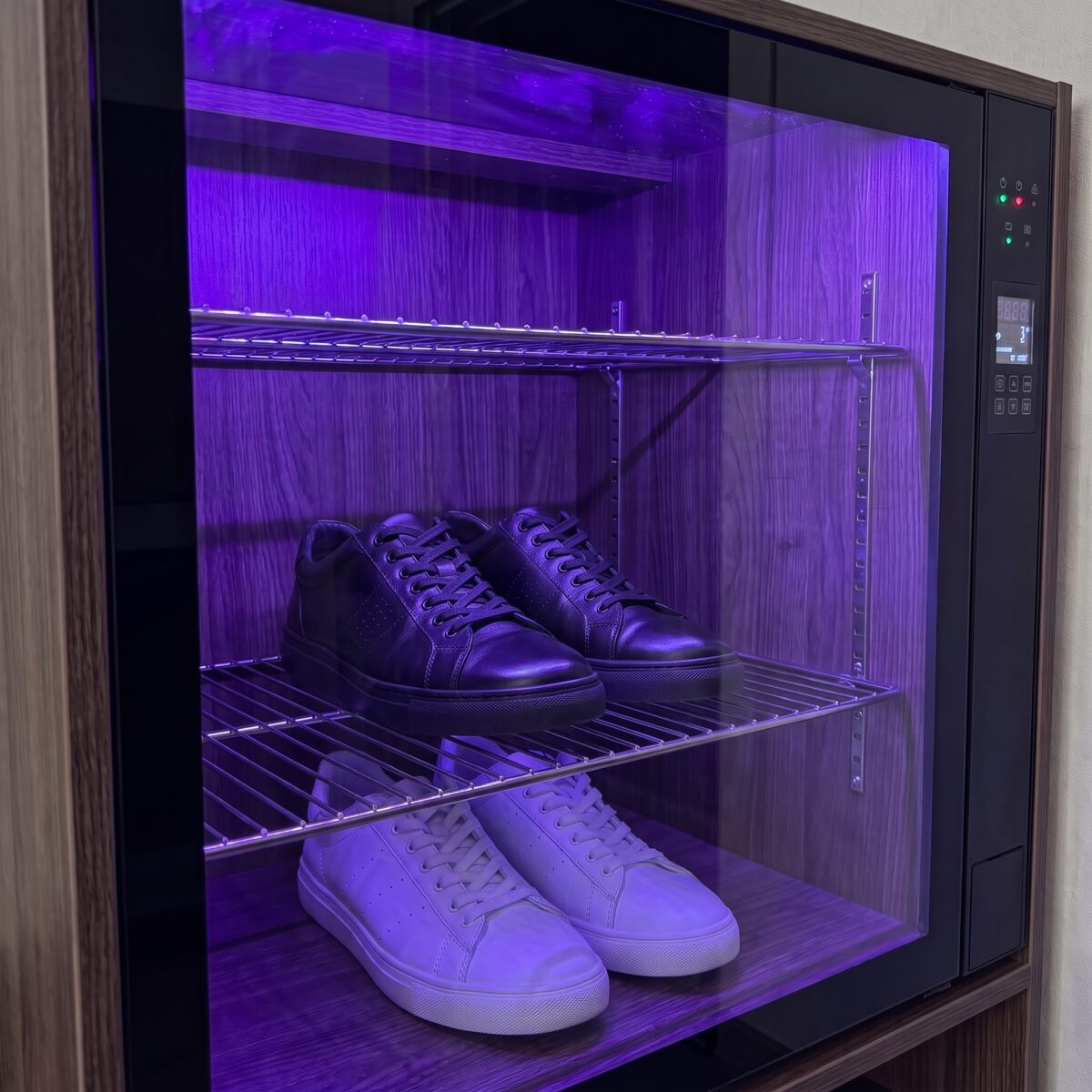 Обувь на полках шкафа с фиолетовой подсветкой